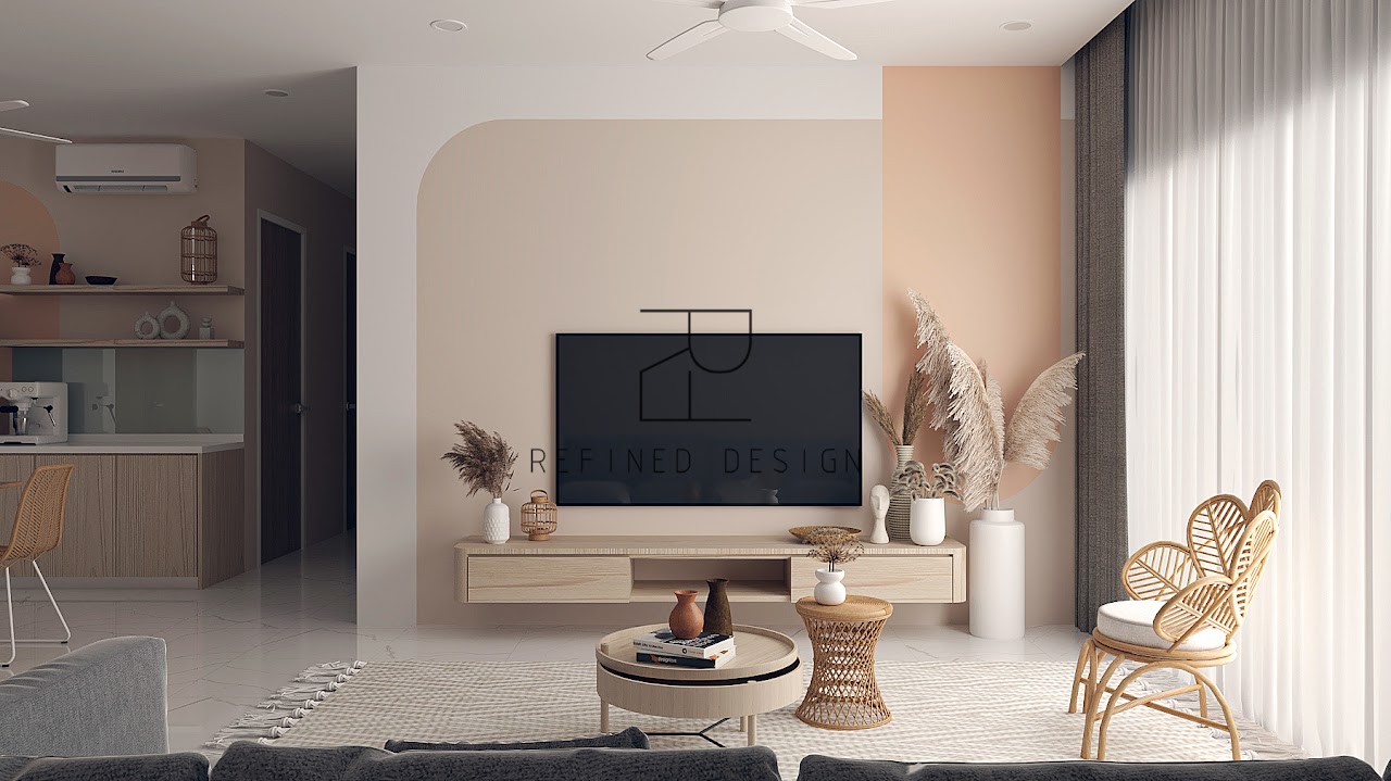 Warm light-filled Refined Design living room with television feature wall