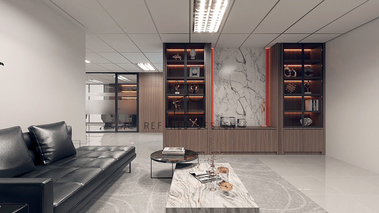 Refined Design interior with marble feature wall and illuminated display cabinetry